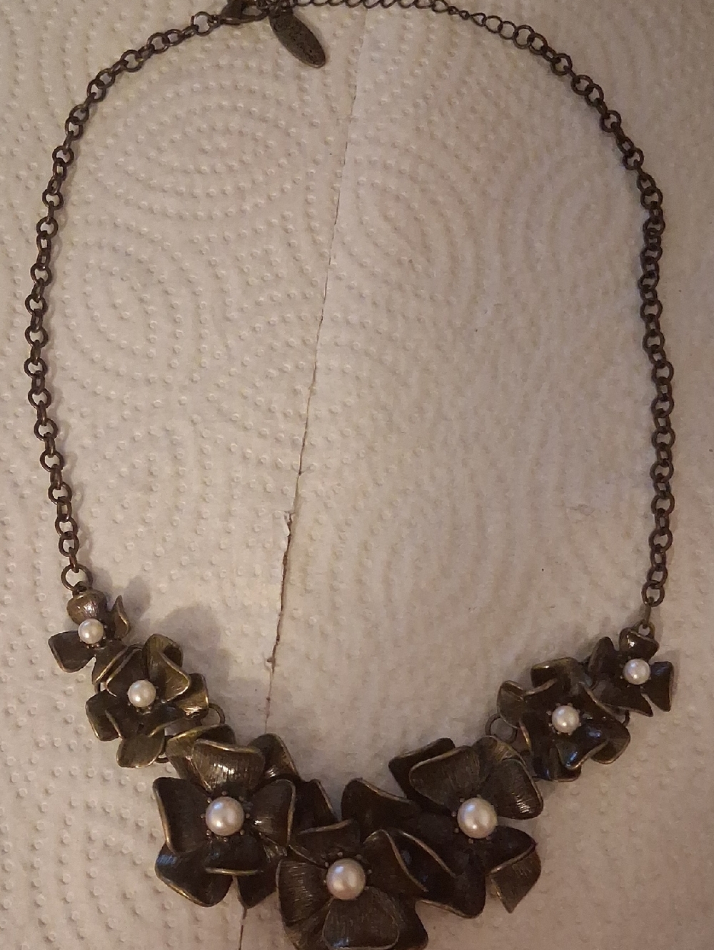 Floral Pearl Accent Necklace in Antique Gold